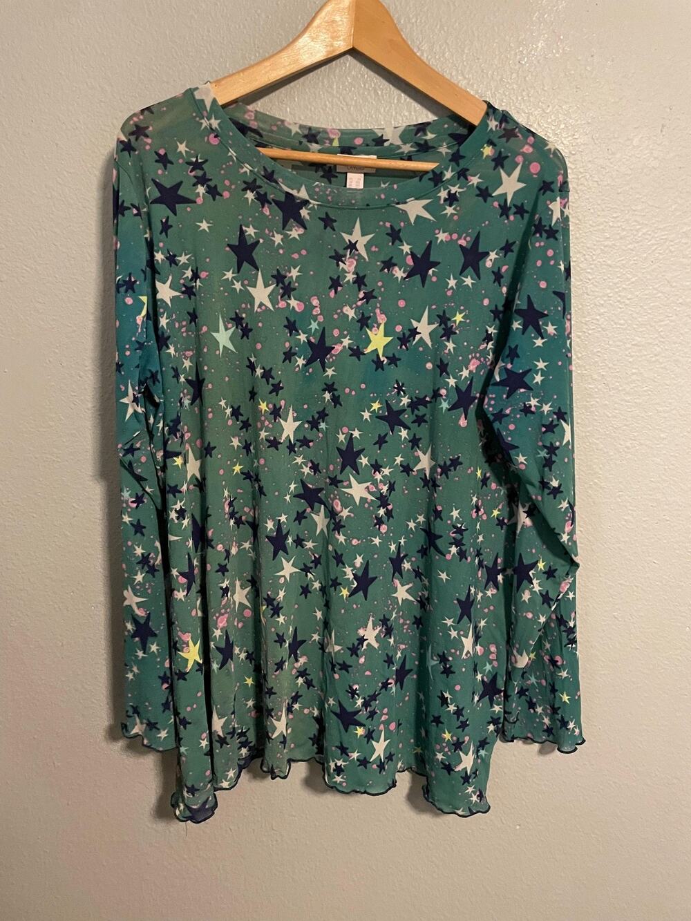 LOGO Layers Womens Top Size 2X Green Star Print Mesh Stretch Long Sleeve Artsy